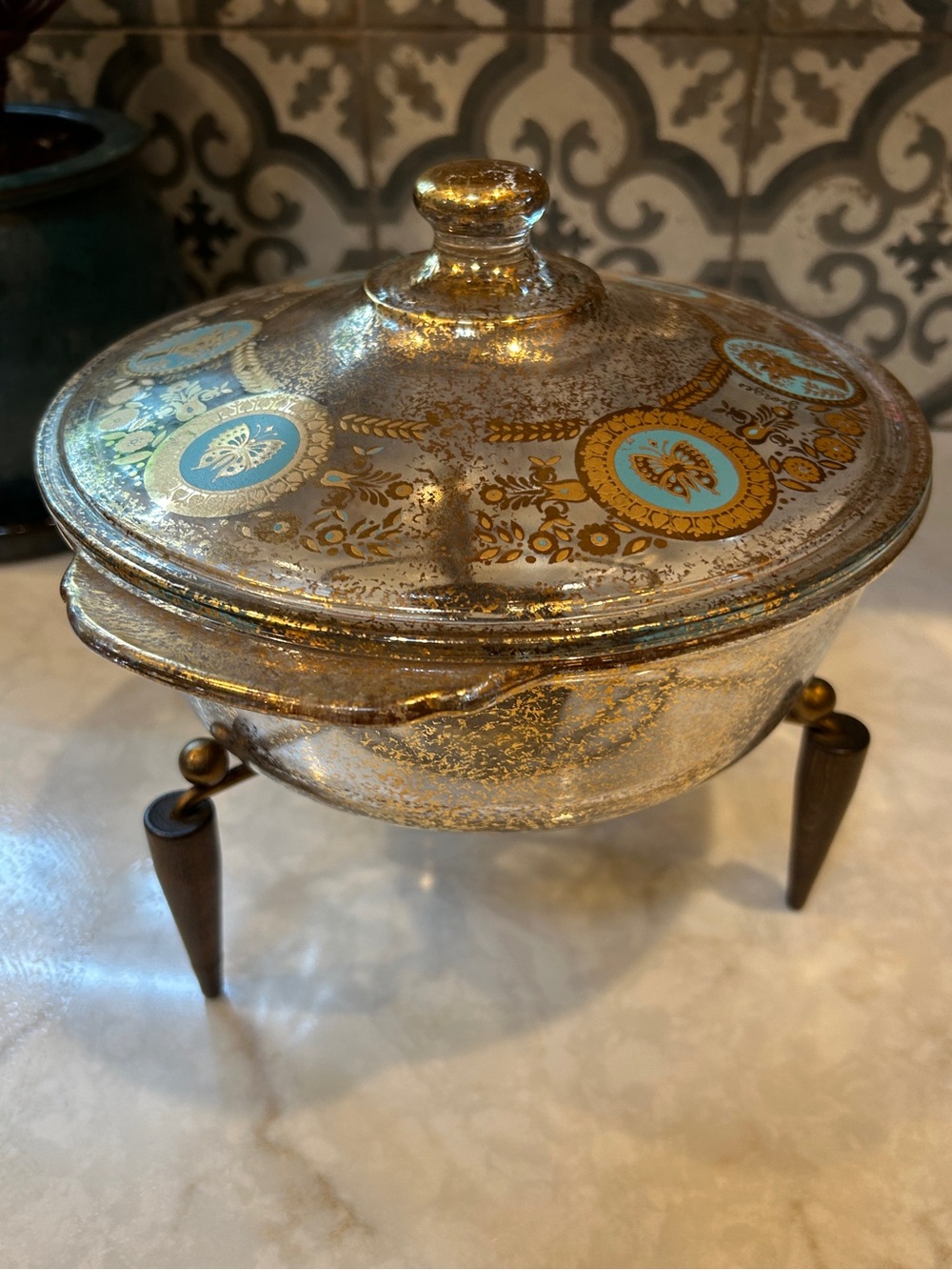 RARE! FireKing Mid Century Modern “Rocket Space”Casserole Dish & Warming Stand
